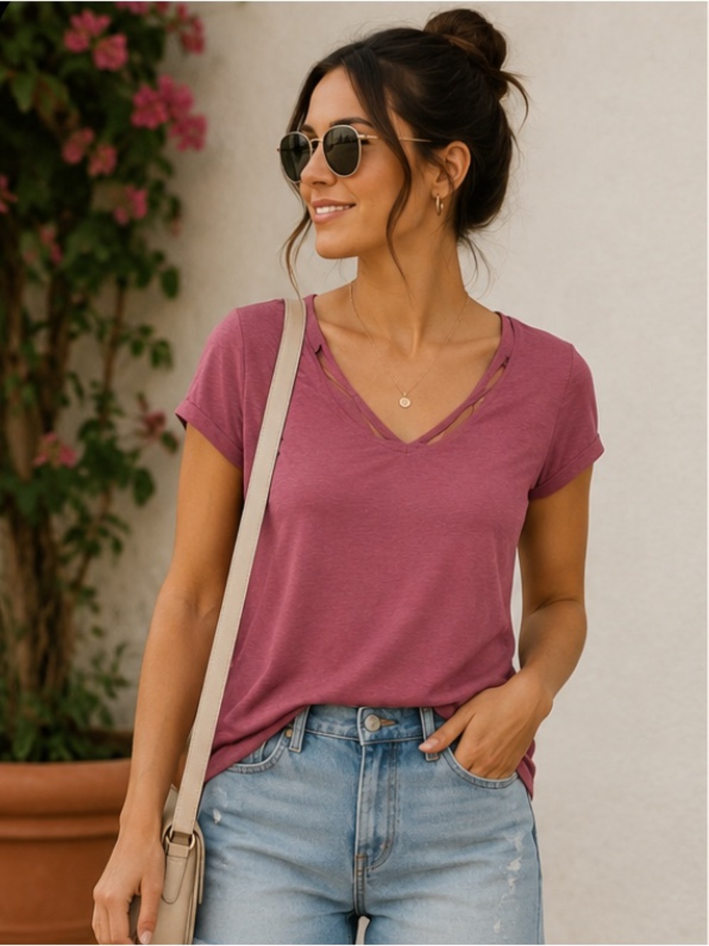 Akini Pink V-Neck Short Sleeve Tee